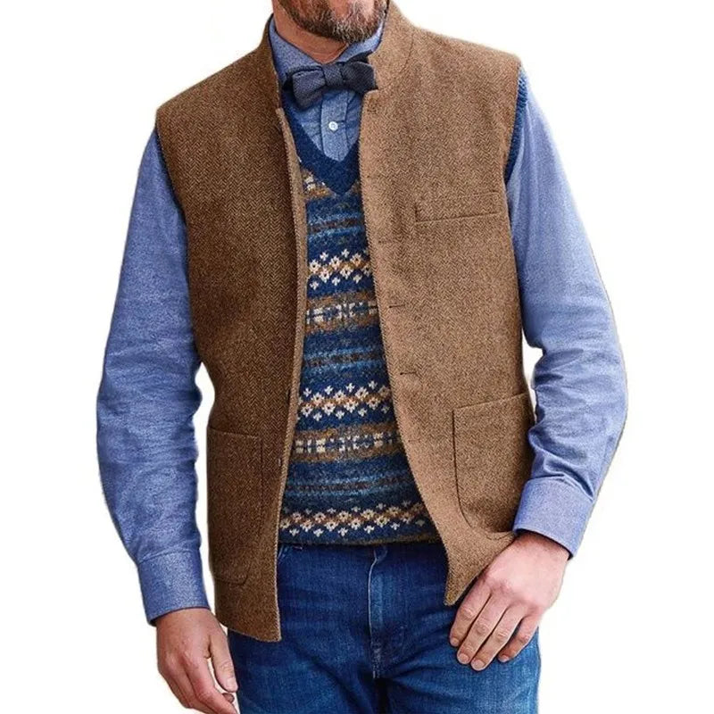 Men Vest Brown Herringbone Single Button Stand Collar Waistcoat For Wedding Business Banquet Work Daily Casual Men Suit Vest