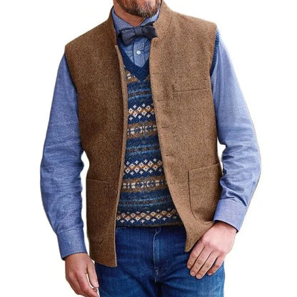 Men Vest Brown Herringbone Single Button Stand Collar Waistcoat For Wedding Business Banquet Work Daily Casual Men Suit Vest