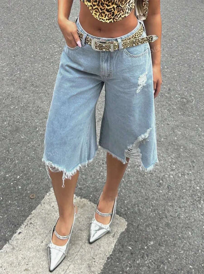 Women Asymmetric Fray Raw Hem Capri Jeans Light Blue Distressed Ripped Loose Fit Street Mid Calf Denim Shorts
