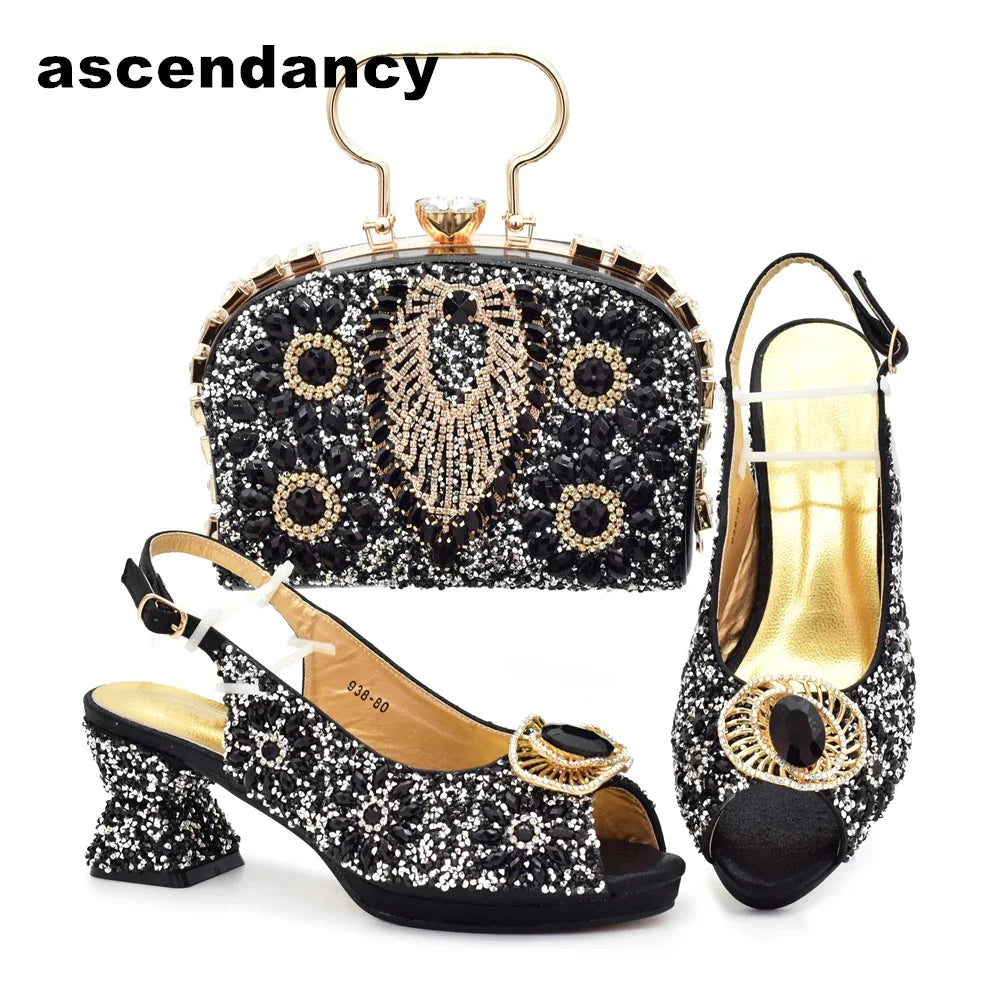 Italian Shoes and Bags Matching Set Decorated with Rhinestone Shoe and Matching Bag for Nigeria Party Wedges Shoes for Women