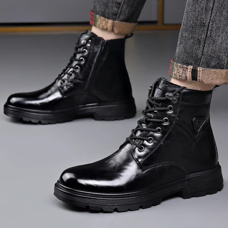 British Style Mens Winter Platform Snow Boots Fashion Genuine Leather Outdoor Antiskid Walking Ankle Boots Mens High Top Boots