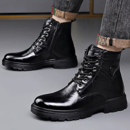 British Style Mens Winter Platform Snow Boots Fashion Genuine Leather Outdoor Antiskid Walking Ankle Boots Mens High Top Boots