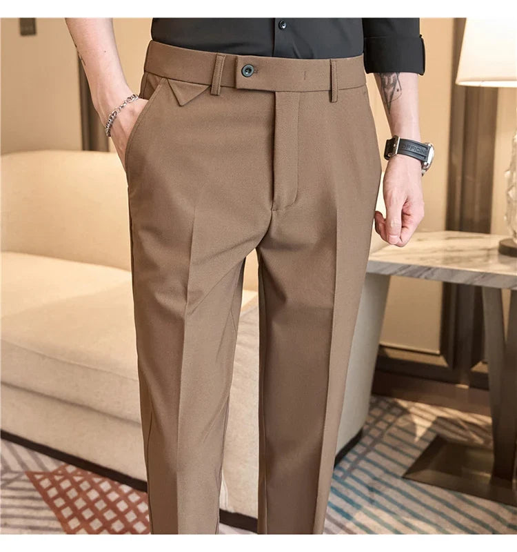 Men's High-Grade Trousers, Stretch Waist, Casual Trousers Slim Fit Navy Blue, Business All-Match，Male Pants