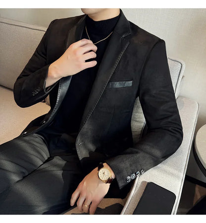 High Quality Deerskin Velvet Splicing Leather Collar Suit Blazers Men Casual Business Slim Coats Mens Social Wedding Clothing