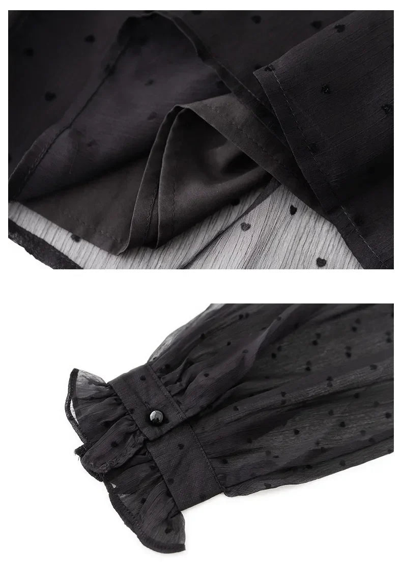 Spring Summer Black Polka Dots Mesh Women's Chiffon Blouses 2025 New Long Sleeve Stand Collar Vintage Loose Shirts Female