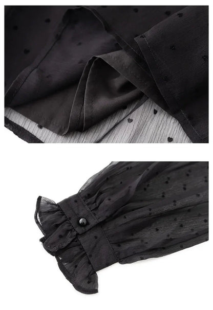 Spring Summer Black Polka Dots Mesh Women's Chiffon Blouses 2025 New Long Sleeve Stand Collar Vintage Loose Shirts Female