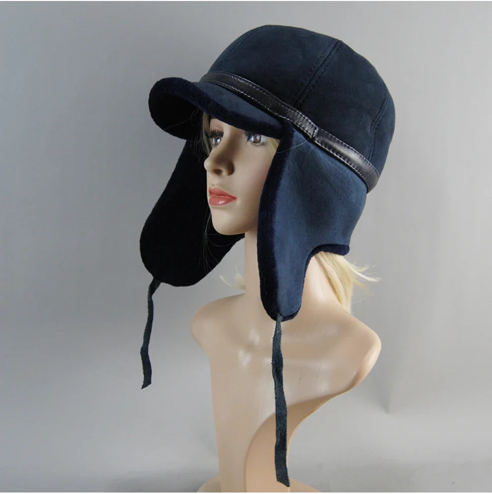 Real Fur Wool Hat Unisex New Winter Warm Bomber Russian Ushanka Hats With Ear Flaps Cow Leather Thick Snow Earflaps Baseball Cap