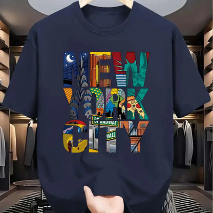 Summer men's 100% pure cotton casual loose fit plus size New York City printed comfortable round neck short sleeved T-shirt top
