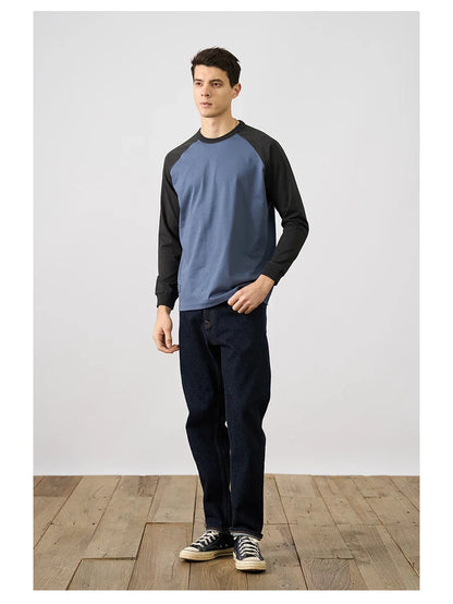 2026 Spring New 240g/sm Sorona Fabric Long Raglan Sleeve T-shirts Men Contrast Colors Tops