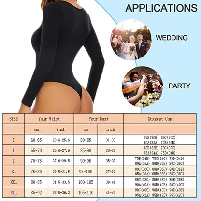 Spandex Elastic Body Suit Shapewear Women Body Shaper Tummy Control Long Sleeve Open Crotch Big U Neck Seamless Shapers