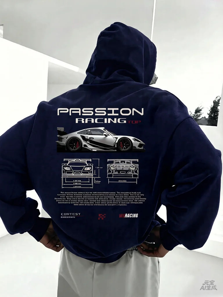 2025 Popular Digital Pattern Men's Hooded Sweatshirt Car-Themed Design American-Style Casual Sports Long-Sleeved Shirt