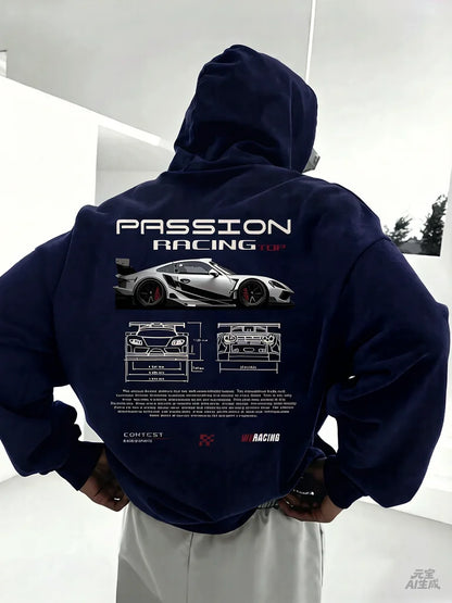 2025 Popular Digital Pattern Men's Hooded Sweatshirt Car-Themed Design American-Style Casual Sports Long-Sleeved Shirt