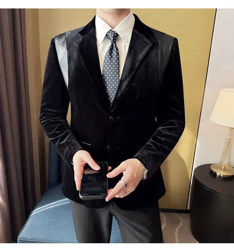 Leather Splicing Mercerized Velvet Suit Jacket 2025 Autumn New Men's High-end Business Slim Fit Fashion Party Tailcoat 4XL-M