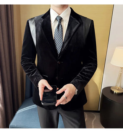 Leather Splicing Mercerized Velvet Suit Jacket 2025 Autumn New Men's High-end Business Slim Fit Fashion Party Tailcoat 4XL-M