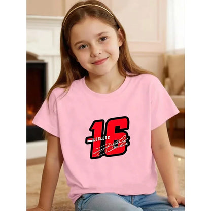 Summer Kids T-Shirt White Round Neck Tops+Shorts Boy Girl Charles Leclerc Racing Car No. 16 Clothing Sets Casual Cool Tees