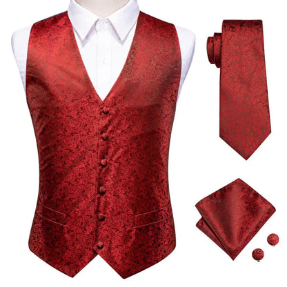 Mens Vests Tie Sets V-Neck Grey Red Purple Blue Green Pink Black Waistcoat Hanky Cufflinks Wedding Business Designer