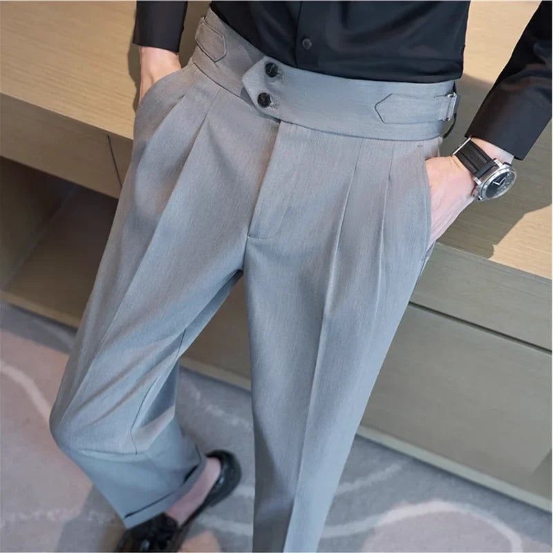 British Style Autumn New High Waist Trousers Men Belt Design Slim Fit Suit Pants Office Social Wedding Party Formal Pants Hommes