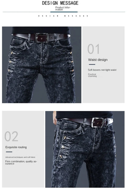 Autumn Winter Brushed Cowboy Luxury Slim Designer Clothes Male Korean Style Denim Skinny Plush Grey Jean Pants Trousers for Men