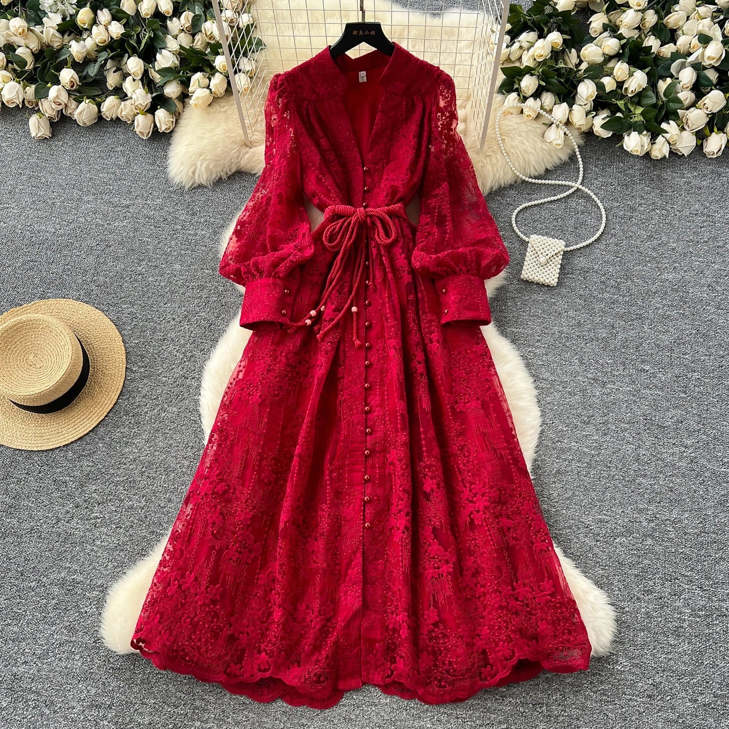 High-End Women's Dress Heavy Embroidery A-Line Long Skirt V-Neck Lantern Sleeve Single Button High Waist Korean Style Commute
