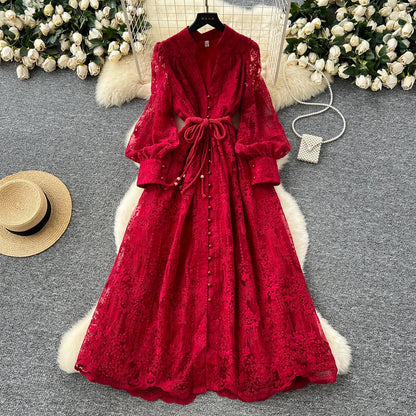 High-End Women's Dress Heavy Embroidery A-Line Long Skirt V-Neck Lantern Sleeve Single Button High Waist Korean Style Commute