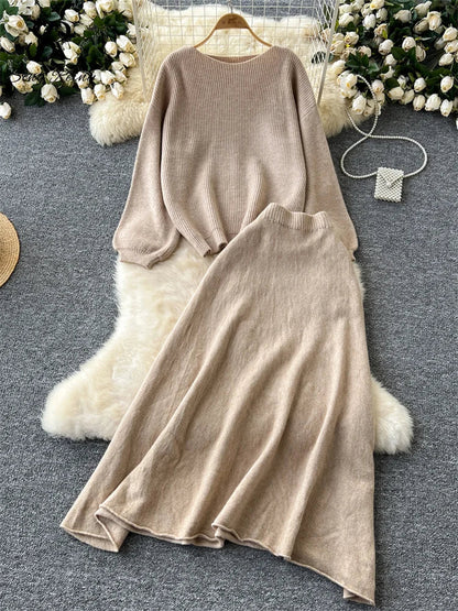 Autumn Casual Two Pieces Sets Women O-Neck Loose Knitting Top+Elastic Waist Large Swing Skirt Basic Korean Winter Sets