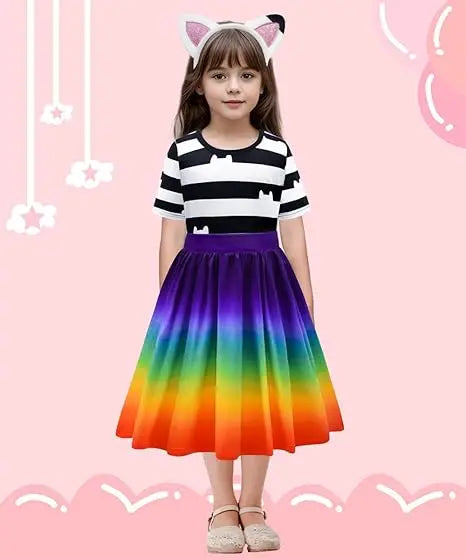 Carnival Party Children Black And White Stripe T-Shirt+Skirt+Bag Sets Kids Cartoon Cats Cosplay Costume Party Outfits 4-8Y