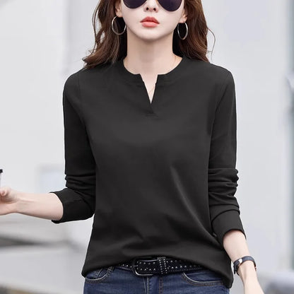 Spring and Autumn All Seasons Women's Long sleeved T-shirt Wine Red Pure Cotton New Fashion Large V-neck Slim fit Casual Top 3XL