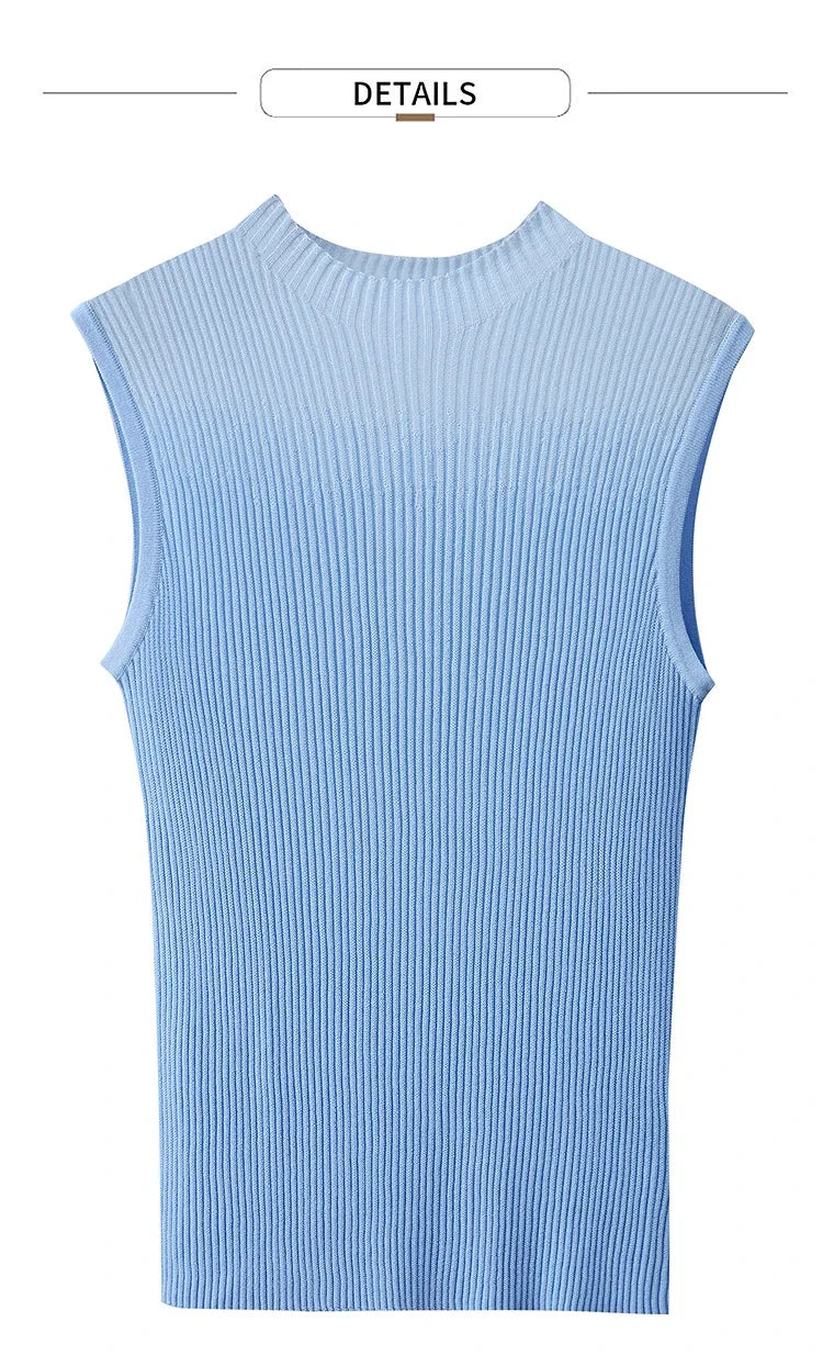 Women Top Minimalist Summer New Solid Color Mock Neck Sleeveless Slim Elastic Double Curved Yarn Knitted Camisole 12542249