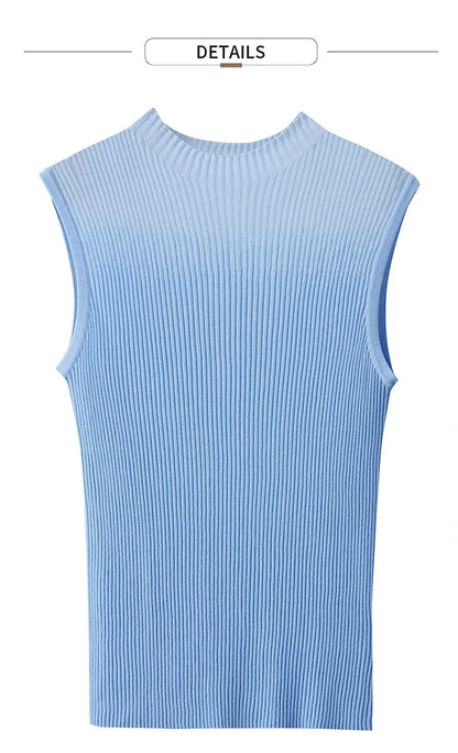 Women Top Minimalist Summer New Solid Color Mock Neck Sleeveless Slim Elastic Double Curved Yarn Knitted Camisole 12542249