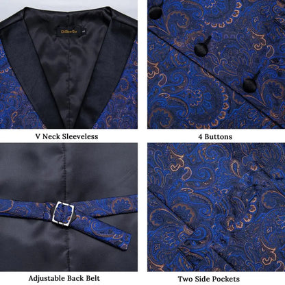 Men's Vest Blue Floral Suit Vest V Neck Tie Set For Wedding Party Brand Formal Dress Waistcoat Man Casual Sleeveless Jacket