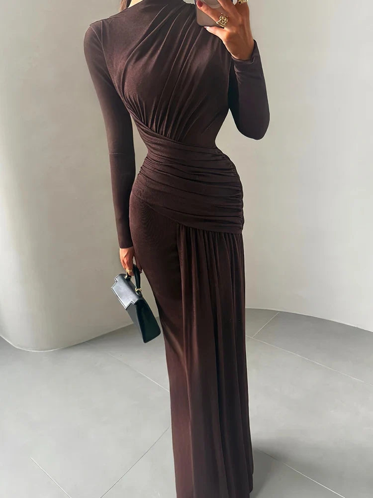 Folds Maxi Dress Women O-Neck Full Sleeve Solid Banquet Elegant Vacation Fashion Autumn Skinny Casual Simple Vestido