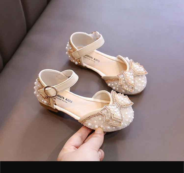 2025 New Summer Style Fashionable Comfortable Casual and Elegant Flat Bow Toe-toe Beaded Wear-resistant Girls' Leather Shoes