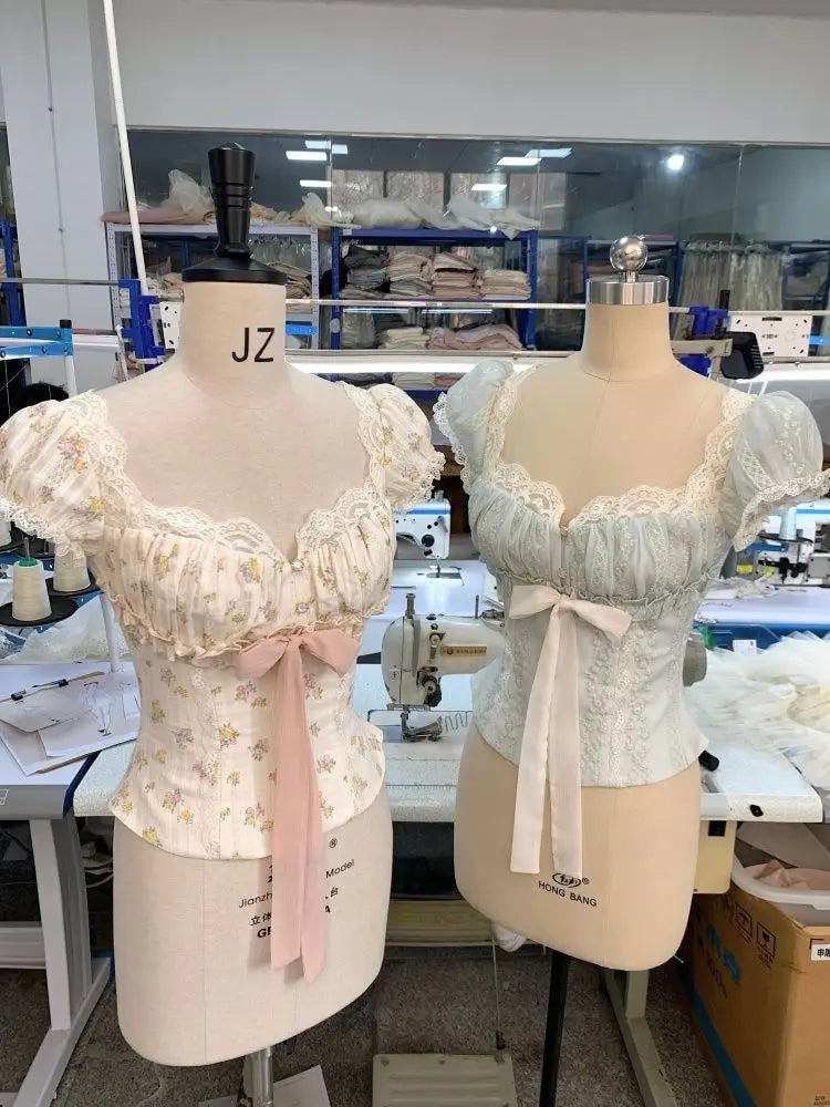 French Vintage Sweet Lace Trim Floral Blouse Women Bow Tie Front Ruched Crop Top Coquette Harajuku Y2K Summer Outfit Chic Retro