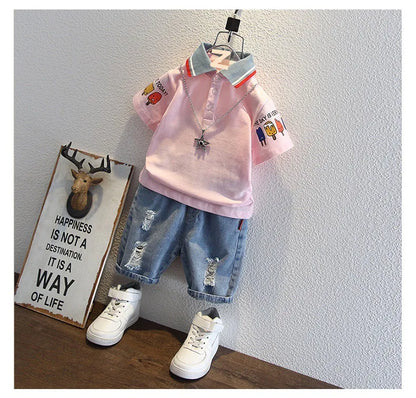 2-10 Years Kids Boys Clothes Set Summer Short Sleeve Cartoon Print Lapel T-shirt And Denim Shorts 2PCS Children Tracksuit Outfit