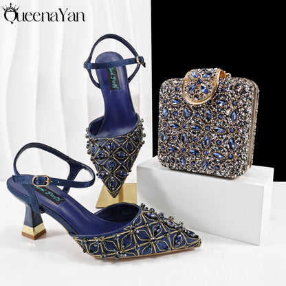 Elegant Full High Quality Diamond Design Olive Color Italian Women's Shoe and Handbag Set for Weddings and Special Occasions