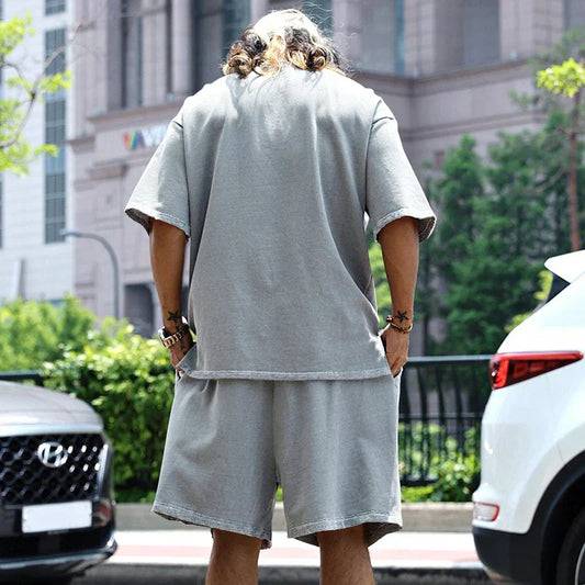 2024 Summer New Men's Set Japanese Style Plus Size Casual Loose Sports Suit Short Sleeve T-shirt Shorts Two-piece Men's Clothing