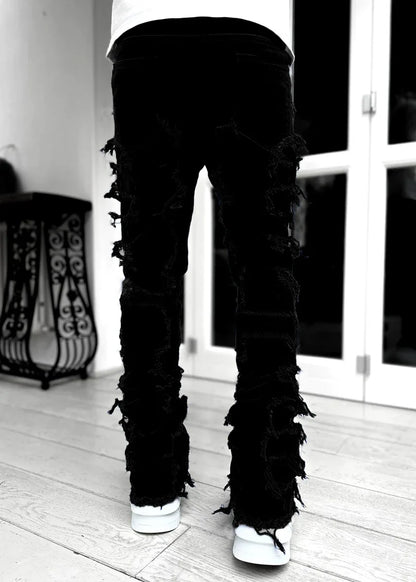 New European and American Heavyweight Streetwise Stretch Patch Jeans for Men, High Street Straight Fit Long Jeans16-3001
