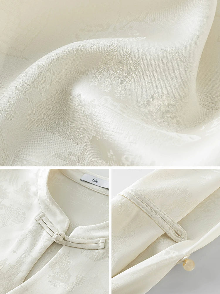New Chinese Style Acetic Acid Button-down Shirt Women Autumn Standing collar Landscape Painting Printing Female Top