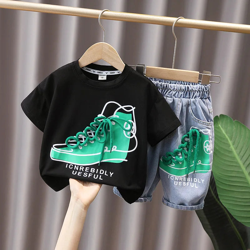 Summer Baby and Boys Cotton 3D Printed Lace Up Top t-Shirt+Denim Shorts Pant Set School Kids 2PCS Tracksuit Child Outfits 1-12Yr