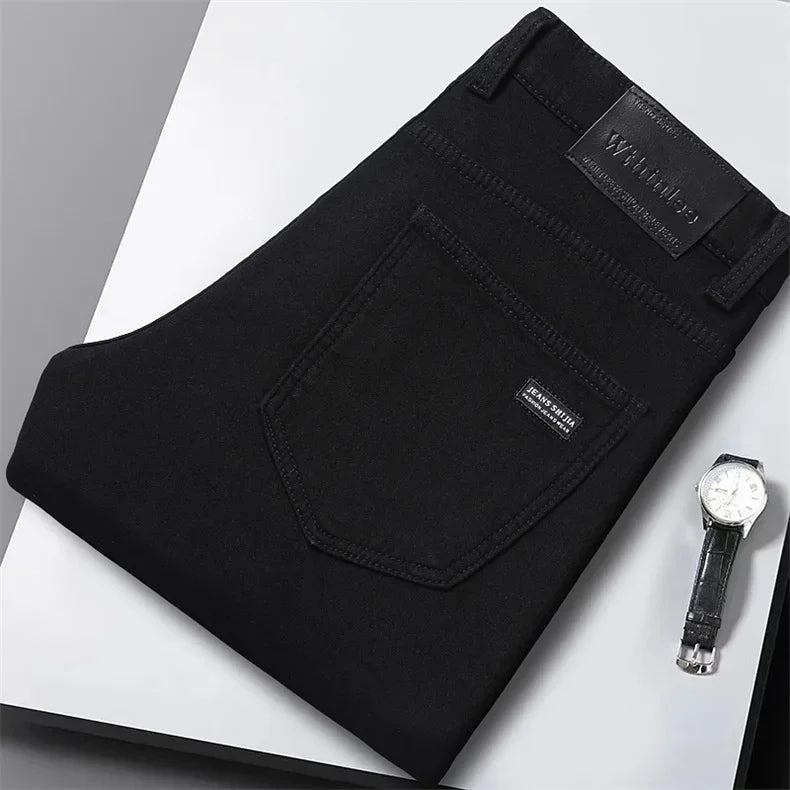 Winter Men Black Straight Stretch Denim Thick Velvet Pants Warm Jeans Casual Fleece Line Trousers Male Plus Size