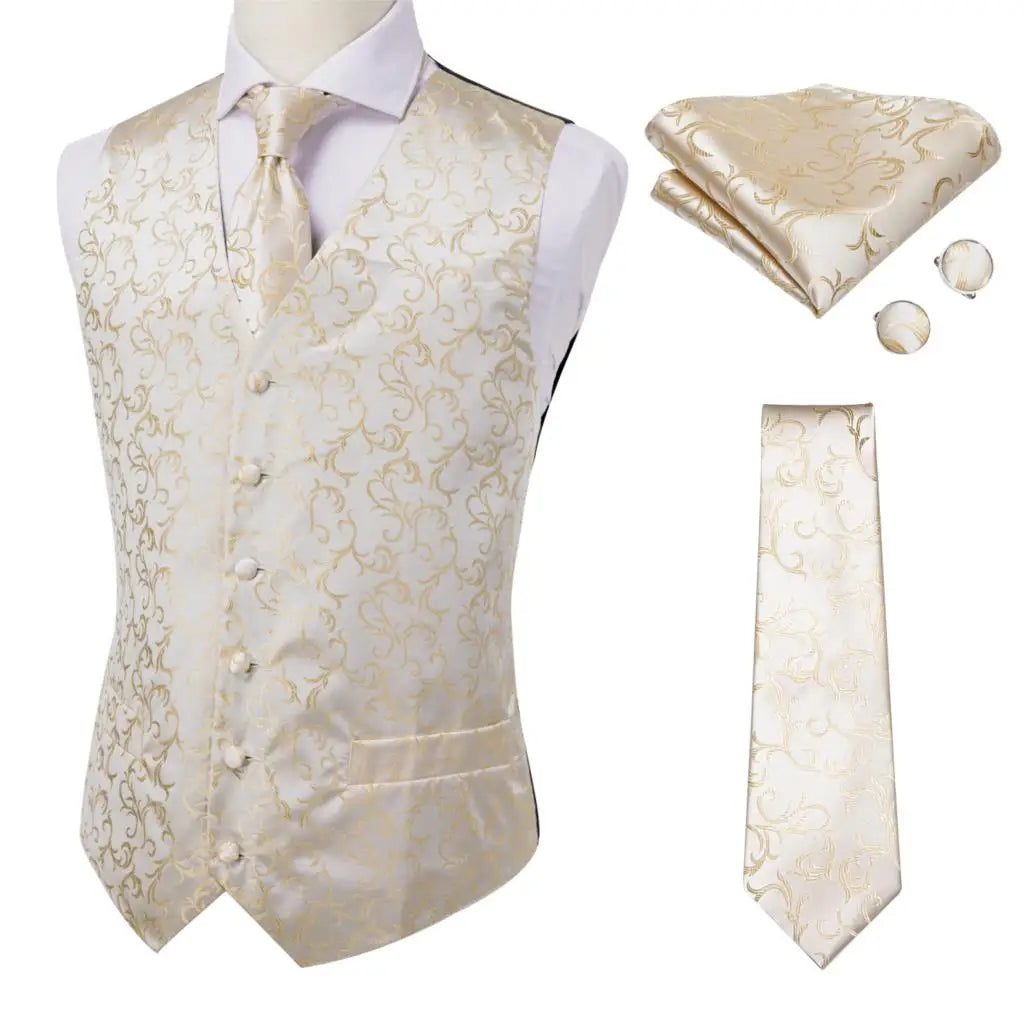 Ivory Beige Champagne Gold Mens Vests Tie Hankerchief Cufflinks Set Jacquard Vine Waistcoat for Men Suit Dress