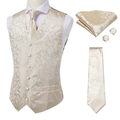 Ivory Beige Champagne Gold Mens Vests Tie Hankerchief Cufflinks Set Jacquard Vine Waistcoat for Men Suit Dress