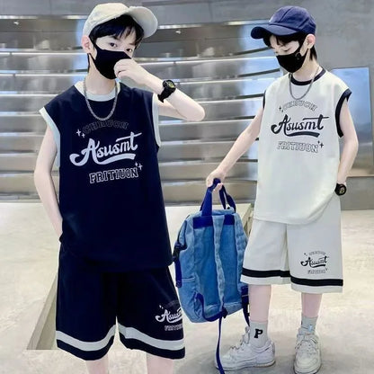 Summer Boys Quick-dry Alphabet Sleeveless Tee Top+Shorts Sportswear Set School Kids 2PCS Tracksuit Children Jersey Outfit 5-16Yr