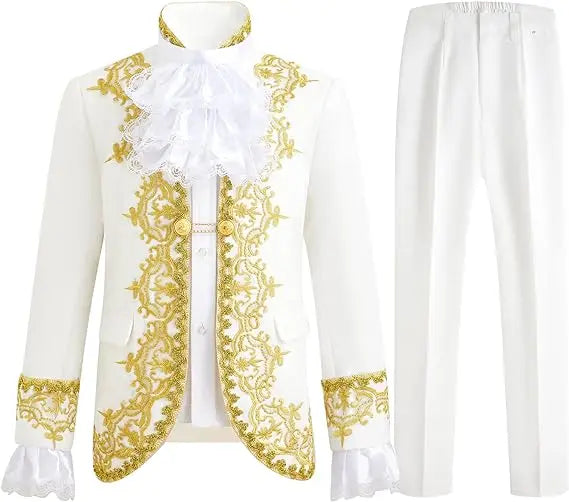 Boys Golden Flower Jacket Pants Tie 3PS Drama Dress Kids Prince Charming Cosplay Costume Children Performance Photograph Suit