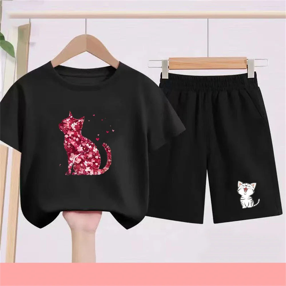 Summer Age 3-12 Girls boy cool breathable Tshirt Children T-shirt+bottom wear Set black 2pcs leisure Kids Set cat Print