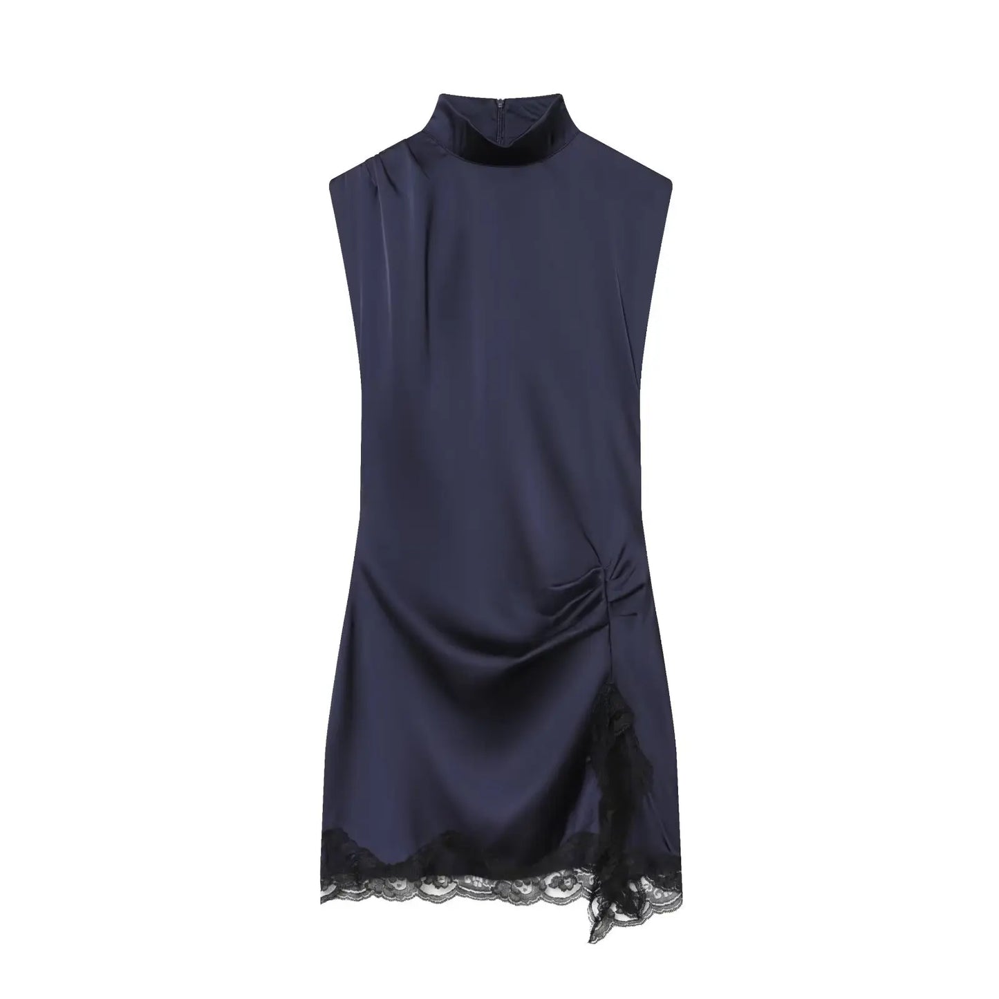 Satin dresses women's clothing fashion back zip hem lace patchwork slit sexy nightclub mini dress chic French Evening