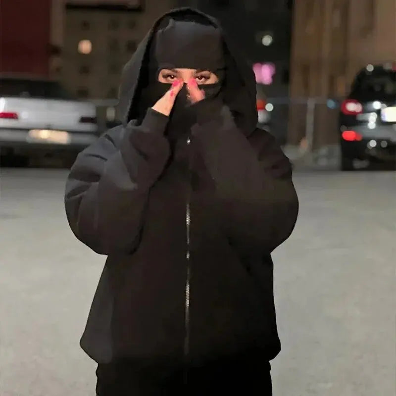 Men and women Y2K Gothic Harajuku winter new item double hooded sweatshirt men's hooded mask zipper sportswear