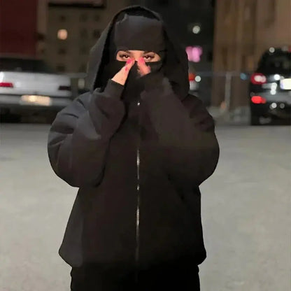 Men and women Y2K Gothic Harajuku winter new item double hooded sweatshirt men's hooded mask zipper sportswear