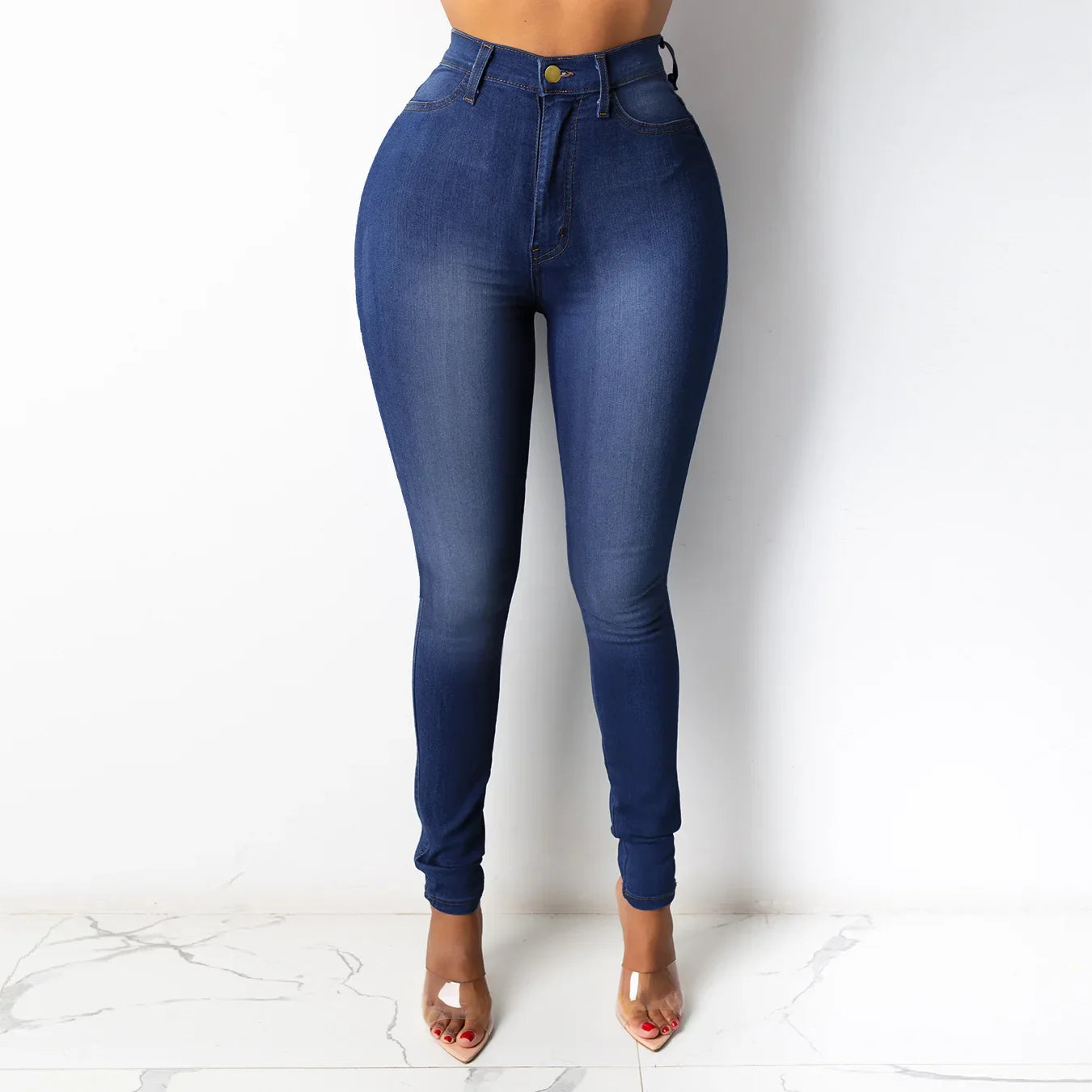 Skinny Pencil Jeans for Women High Waisted Casual Elegant Office Denim Pants Blue White Black Elastic Jeans Woman