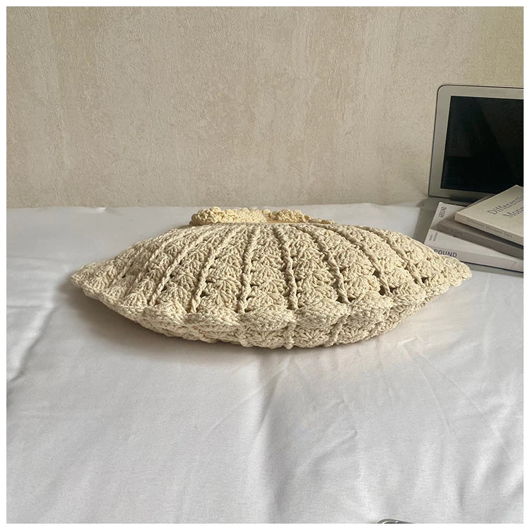 2026 New Retro Fan-shaped Crochet Woven Underarm Bag for Women Ins Style Seaside Vacation Versatile Wooden Handle Shoulder Bag
